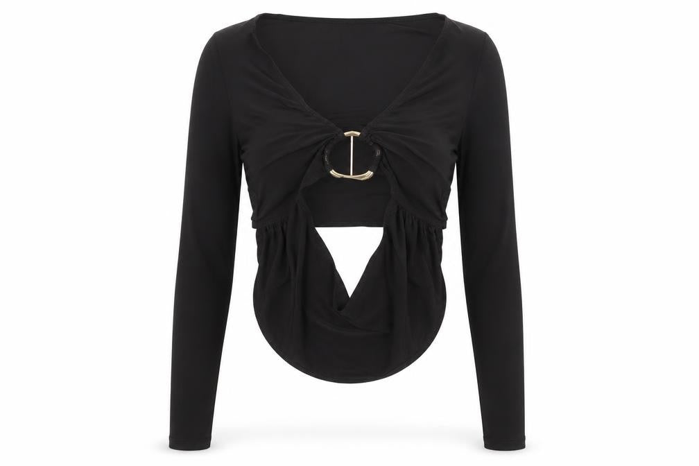 Front view of PRETTYLITTLETHING Black Long Sleeve Top Women, size 8