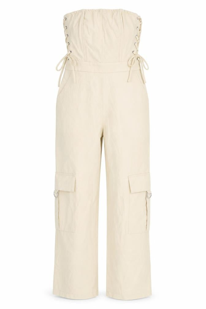 Front view of PRETTYLITTLETHING Beige Strapless Jumpsuit UK 4 Petite
