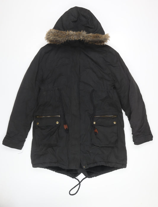 Colline Women's Black Parka Coat with Fur Trim Size 12