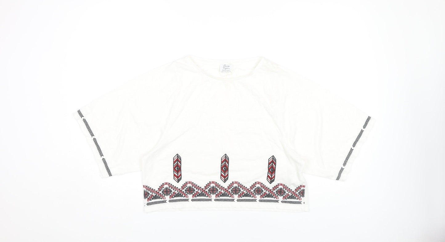 Zara Women's White T-Shirt, Size S, Aztec Style