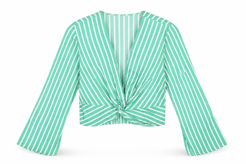 River Island Women's Green Striped Cropped Blouse, Size 16