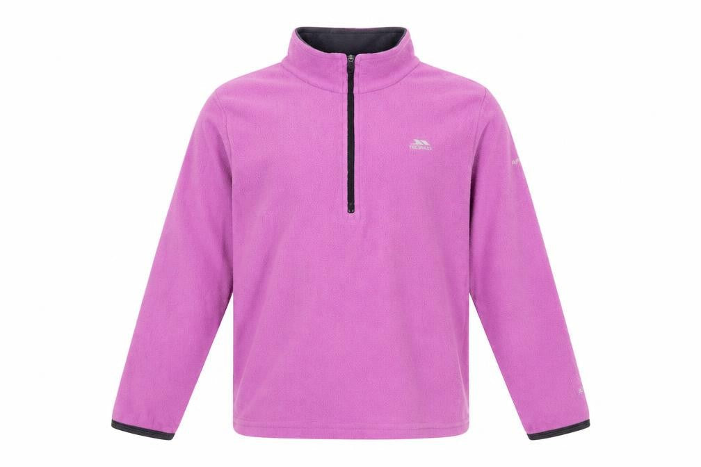 Front view of Trespass girls’ pink fleece 1/4 zip sweatshirt, size 9-10, years