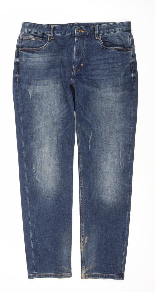 Hotwind Men’s Blue Straight Jeans, Size 34, Distressed Look