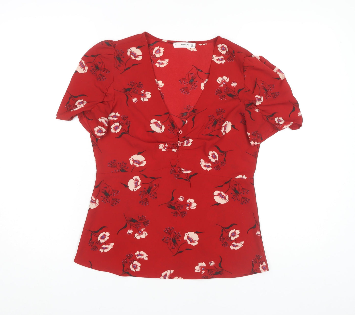 Mango Women's Red Floral Blouse V-Neck Puff Sleeve S