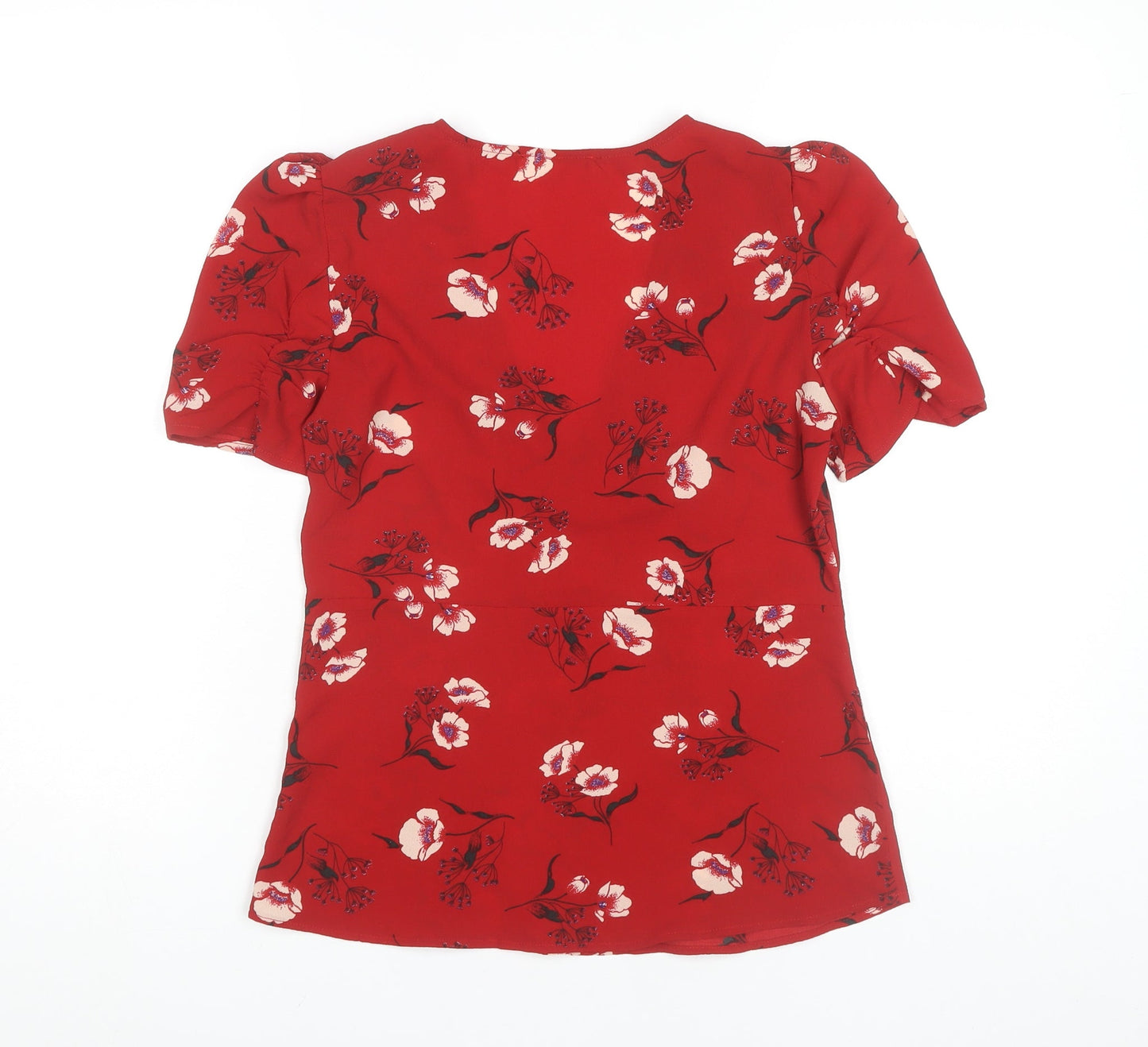 Mango Women's Red Floral Blouse V-Neck Puff Sleeve S