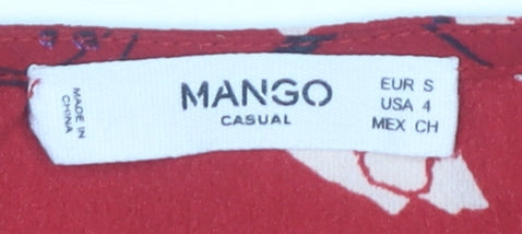 Mango Women's Red Floral Blouse V-Neck Puff Sleeve S