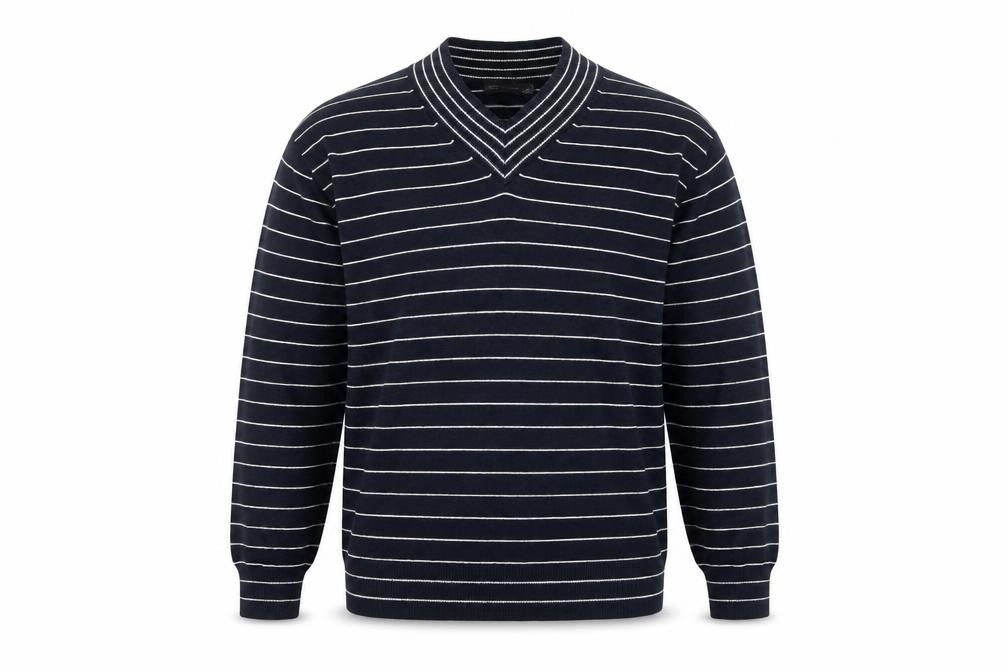 Marks and Spencer Men's Blue Striped V-Neck Jumper - S