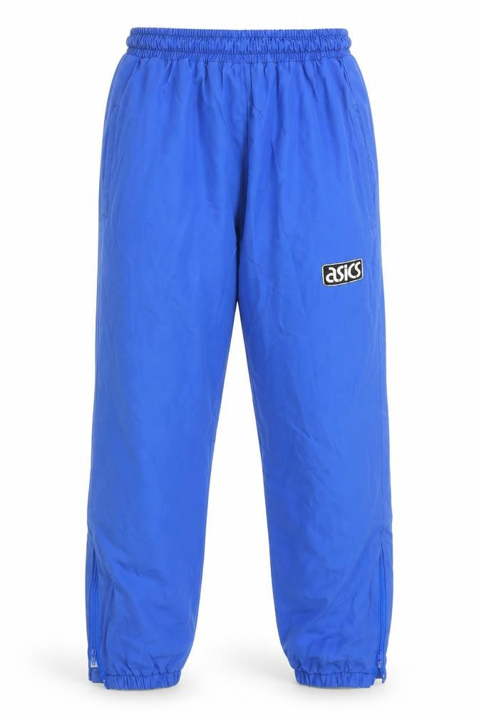 Front view of Asics Men's Blue Track Pants, size S, Gym & Training