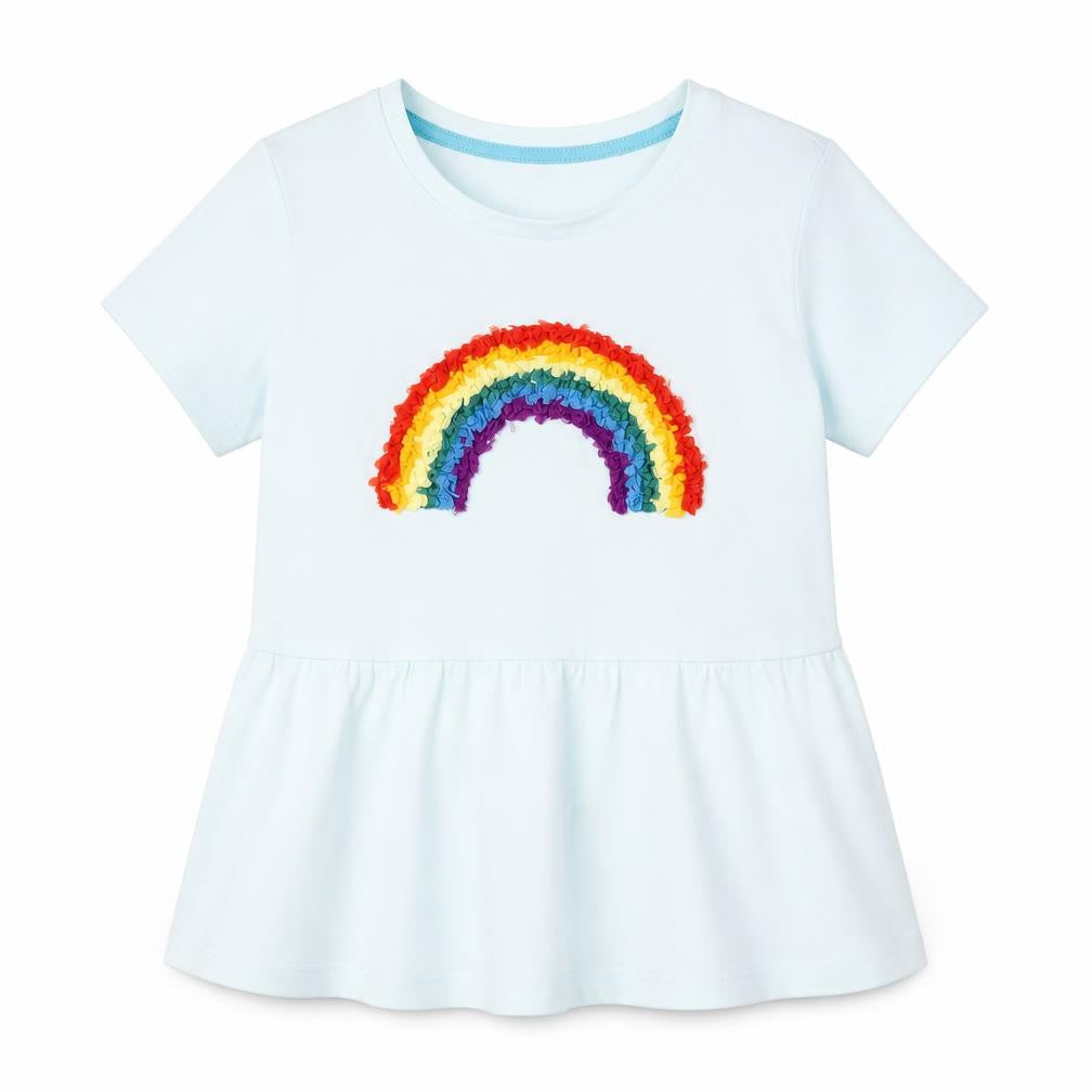 Front view of Mountain Warehouse girls’ blue t-shirt 5-6 years rainbow design