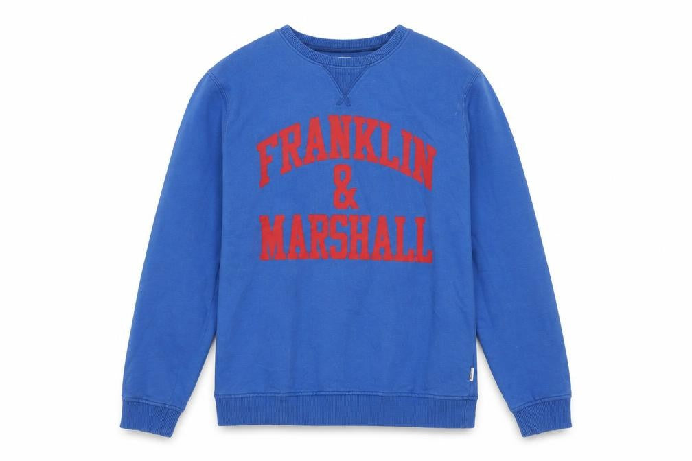 Front view of Franklin & Marshall boys’ blue crew neck pullover sweatshirt