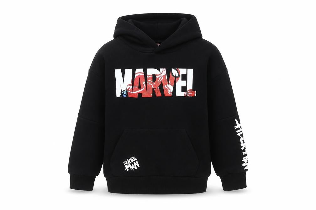 Front view of Primark Marvel boys’ black spiderman hoodie, 7-8 years, pullover style