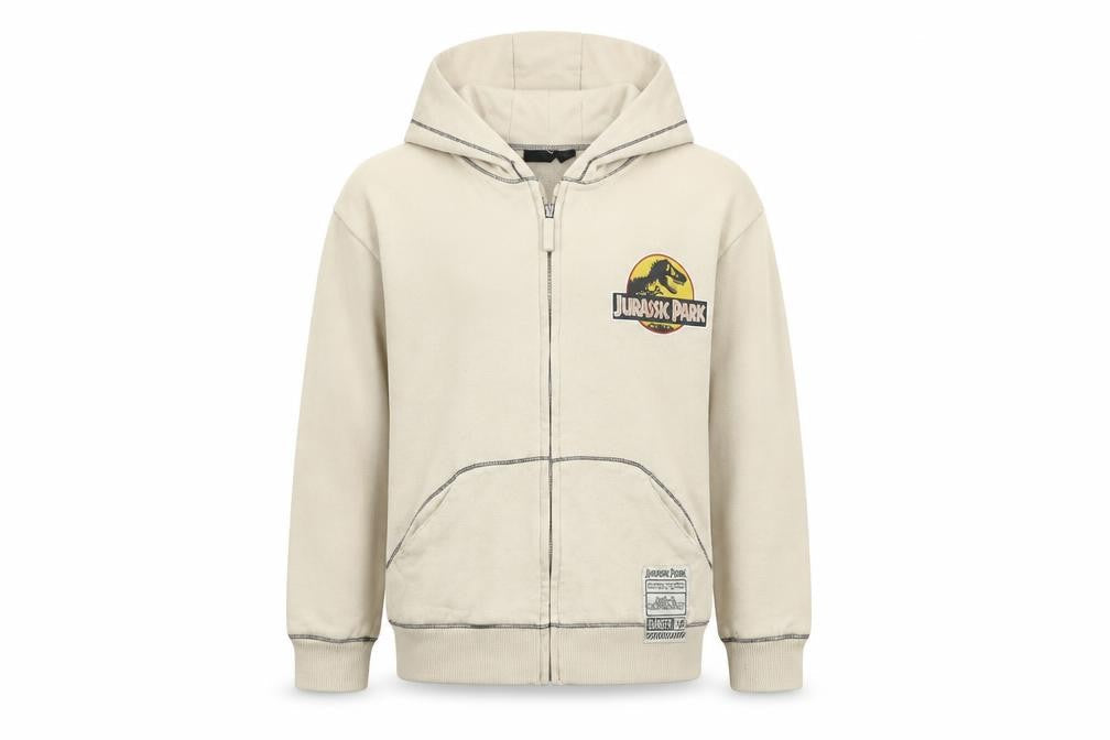 Front view of Beige boys’ jurassic park hooded jacket, size 6-7