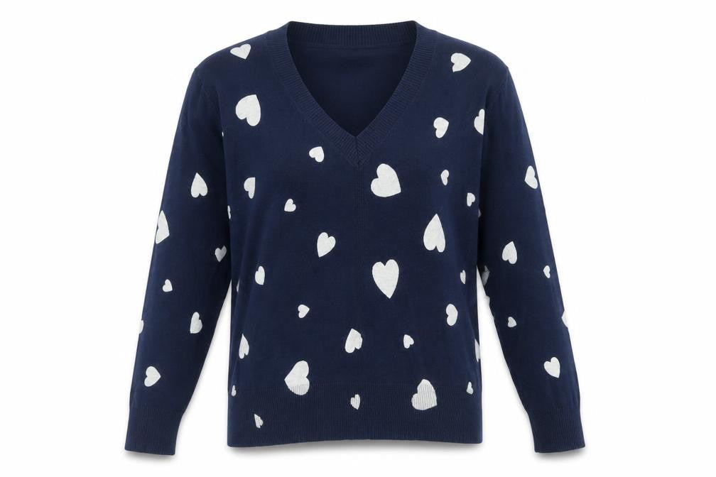 Marks and Spencer Women's M Blue V-Neck Heart Jumper