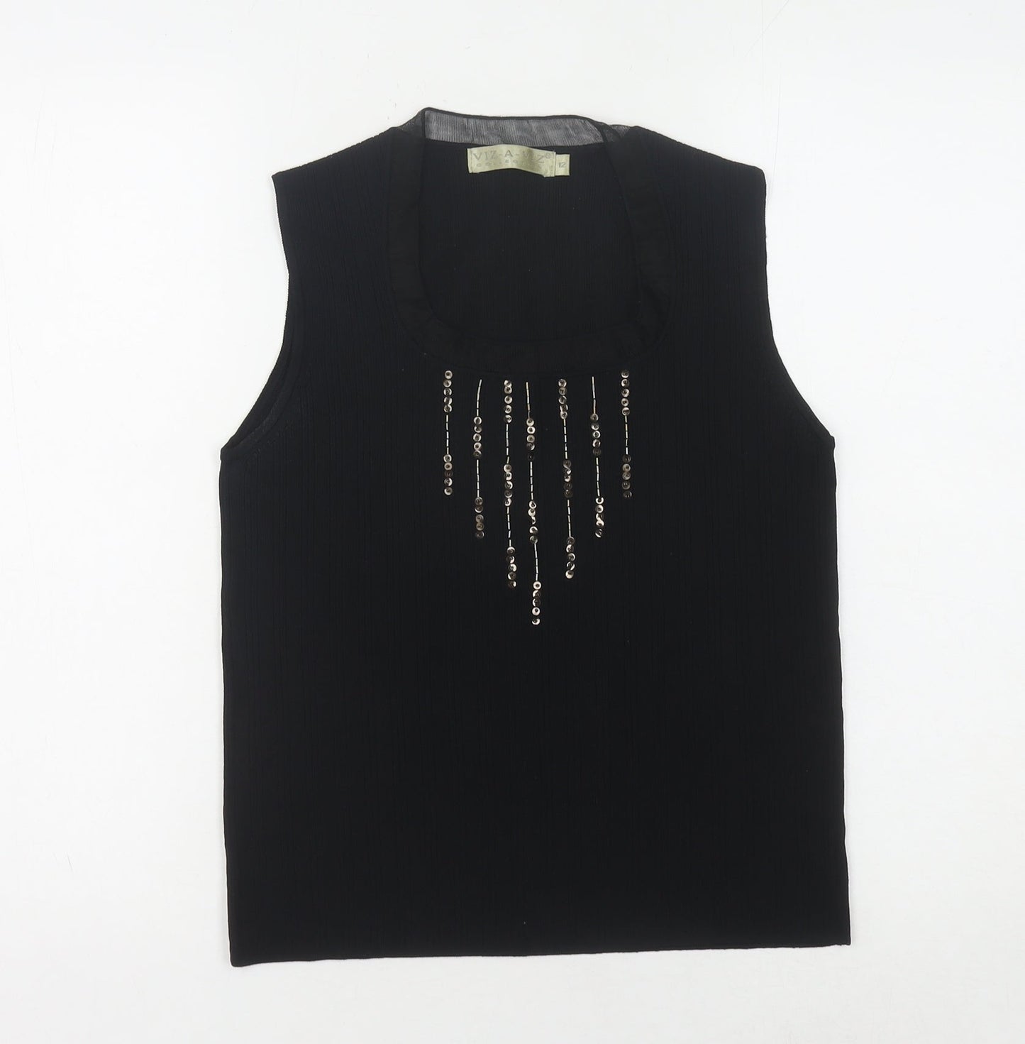 VIZ-A-VIZ Women's Black Sequined Sleeveless Tank - Size 12