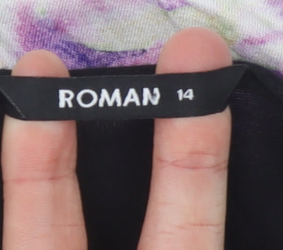Roman Women's Black Floral Striped T-Shirt Size 14