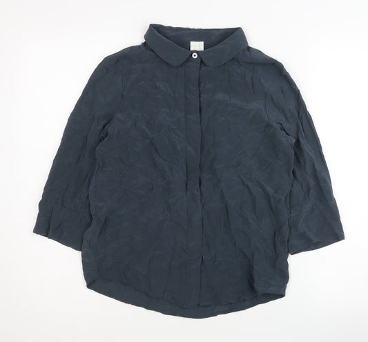 Poetry Women's Blue Silk 3/4 Sleeve Collared Blouse