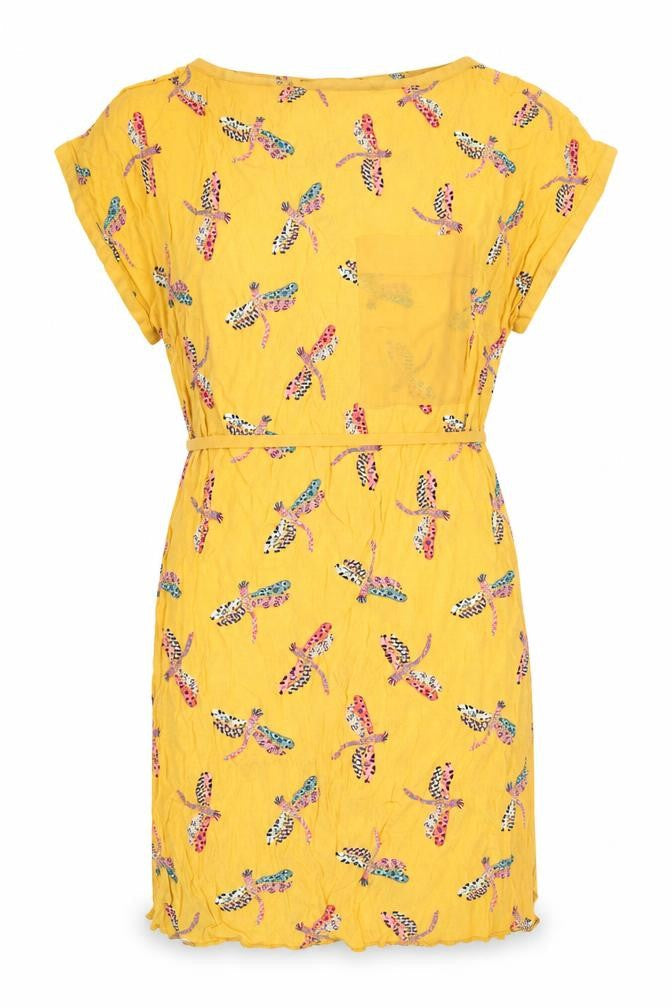Front view of Zara Basic Yellow XS Women's Dragonflies Dress with Belt