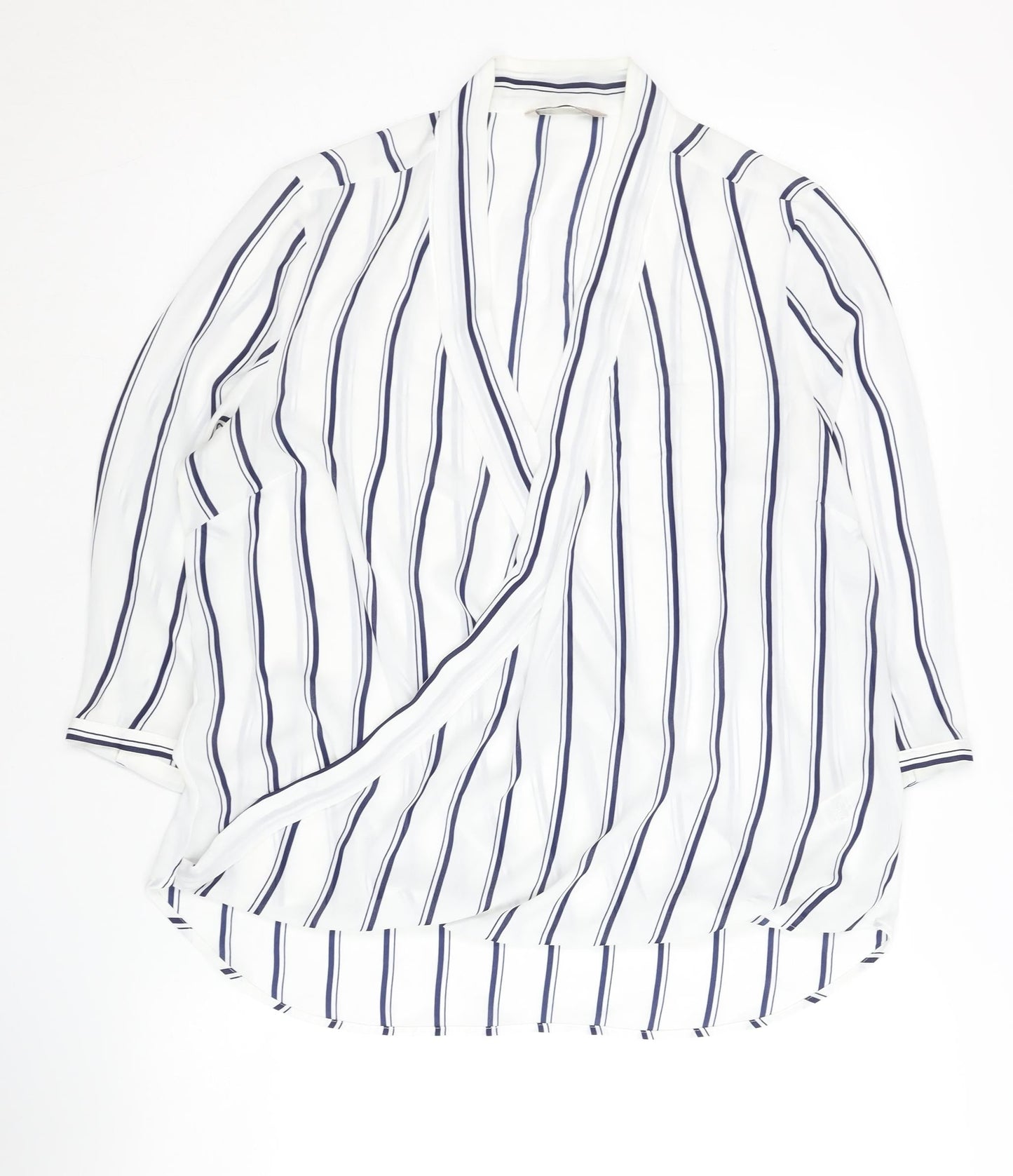 Marks and Spencer Women's White Striped 3/4 Sleeve Wrap Blouse