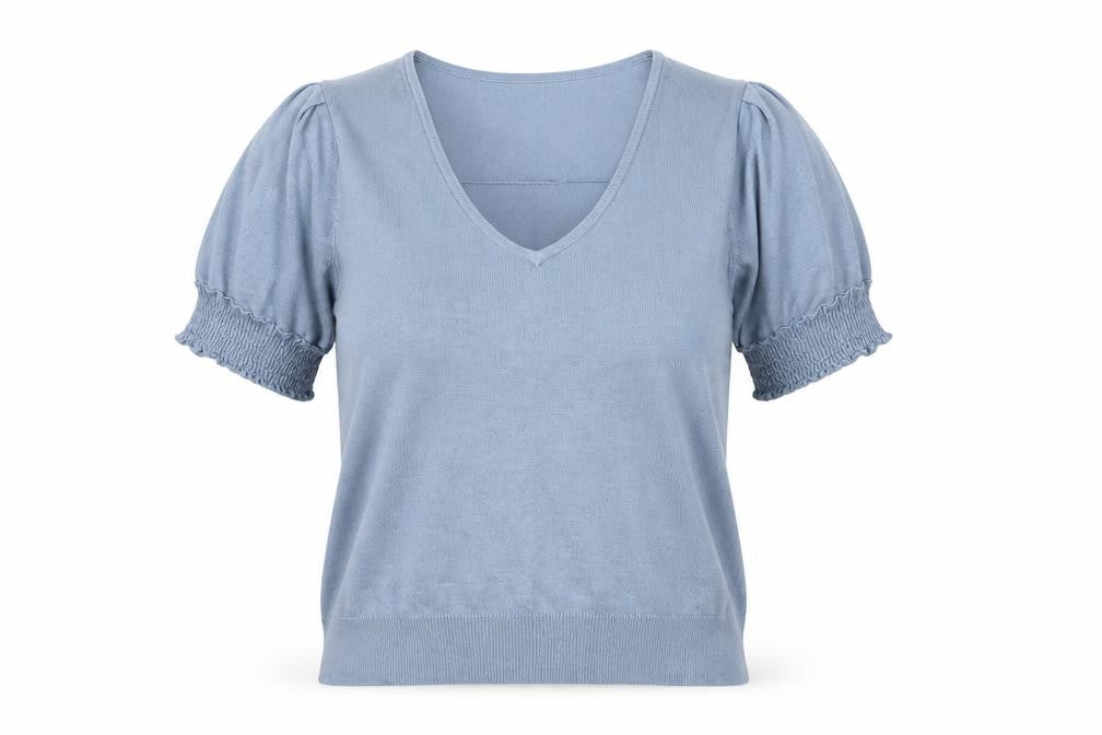 Next Women's Blue V-Neck T-Shirt, Size M, Puff Sleeves