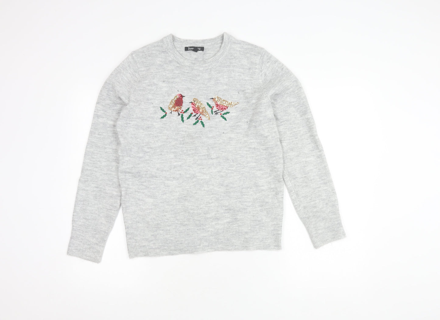 Bonmarché Women's Grey Embroidered Bird Pullover, Size 10