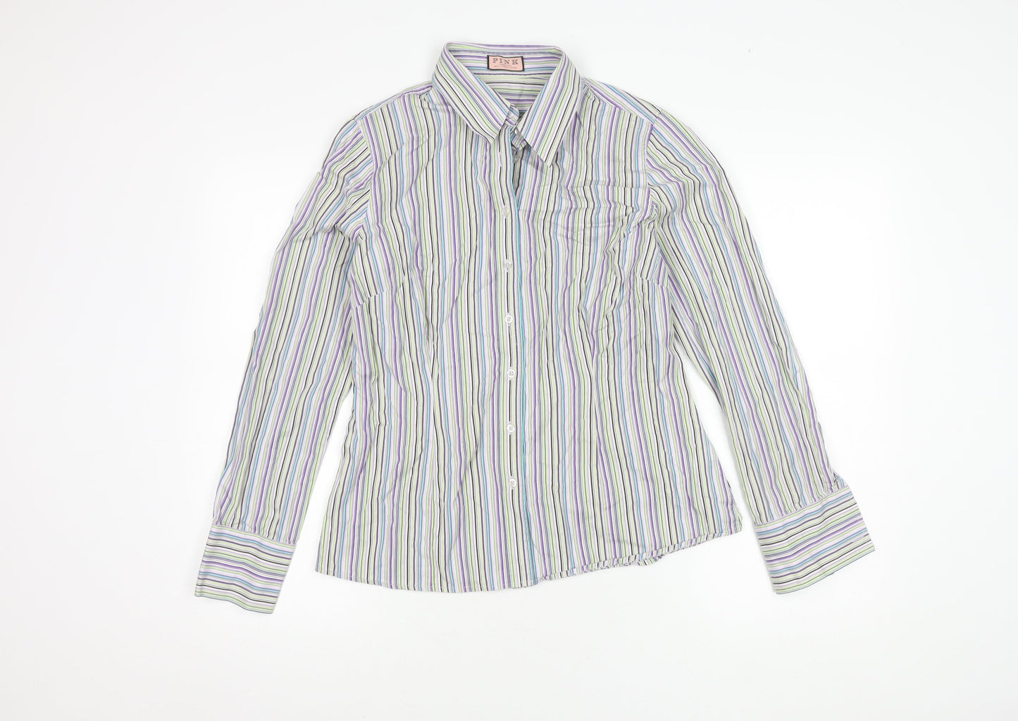 Pink Women's Multicoloured Striped Button-Up Shirt - Size 14