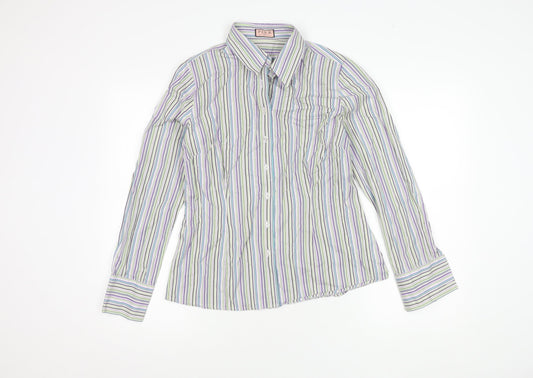 Pink Women's Multicoloured Striped Button-Up Shirt - Size 14