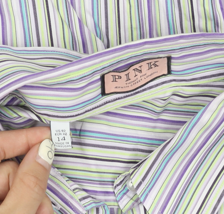 Pink Women's Multicoloured Striped Button-Up Shirt - Size 14