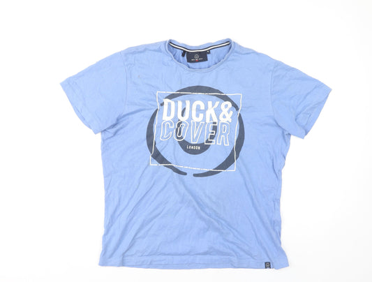 Duck and Cover Men's Blue Graphic T-Shirt Medium