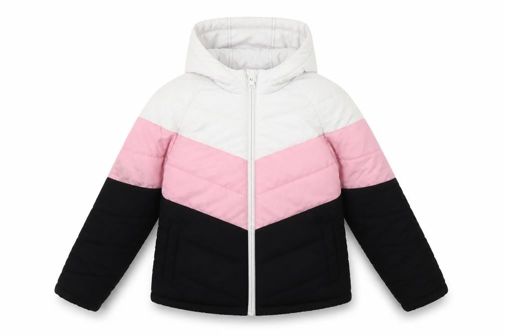 Front view of USA Pro girls’' puffer jacket, black/pink/white, 7-8 years