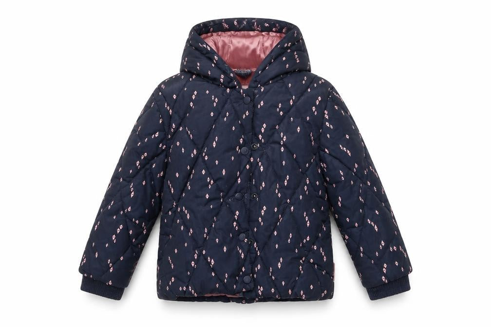 Front view of Noppies girls’ blue hooded puffer jacket 2-3 years