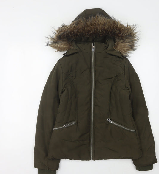 915 Generation Girls' Green Puffer Jacket 12-13 Years Hooded Faux Fur Trim