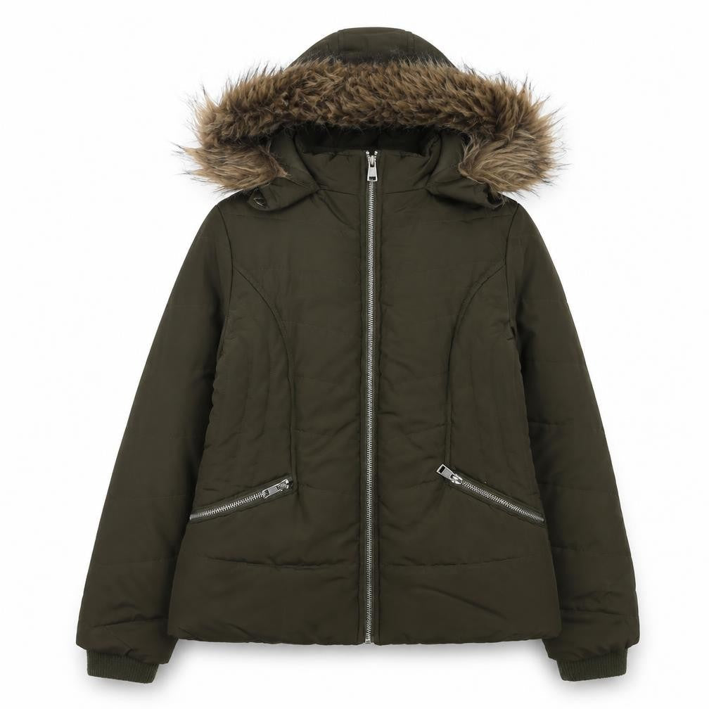 Front view of 915 Generation girls’' green puffer jacket 12-13 years hooded faux fur trim