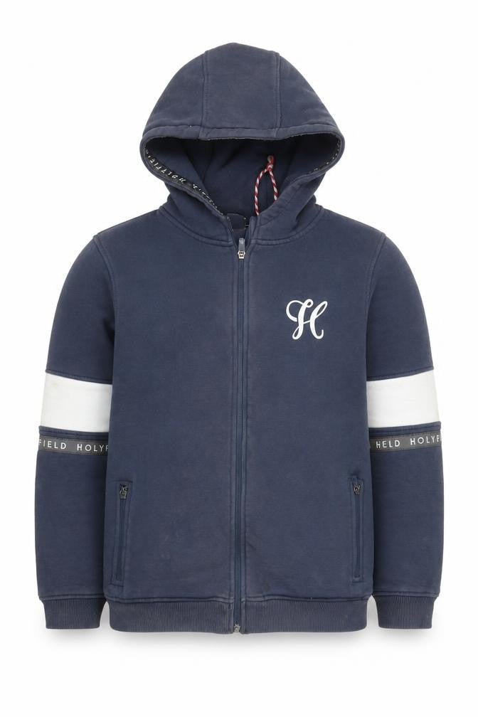 Front view of Holyfield boys’ blue hoodie, size S, full zip, casual wear