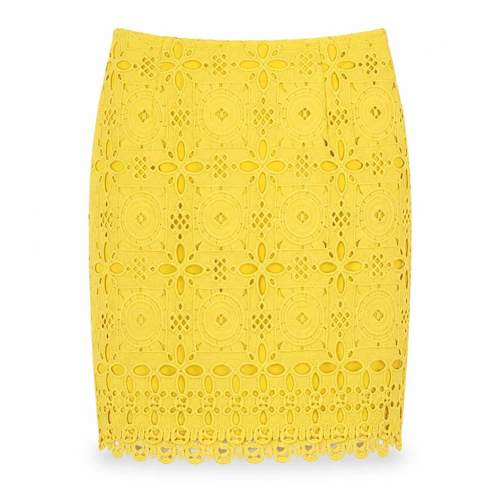Front view of Missguided Women's Yellow Geometric Skirt, size 10, Polyester