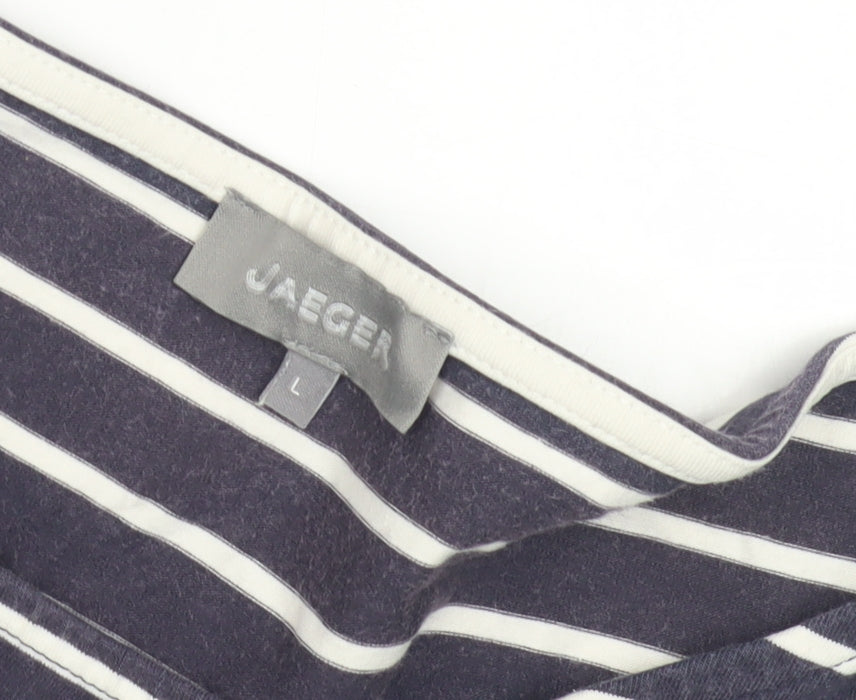 Jaeger Women's Blue Striped Cotton T-Shirt, Size L, 3/4 Sleeve