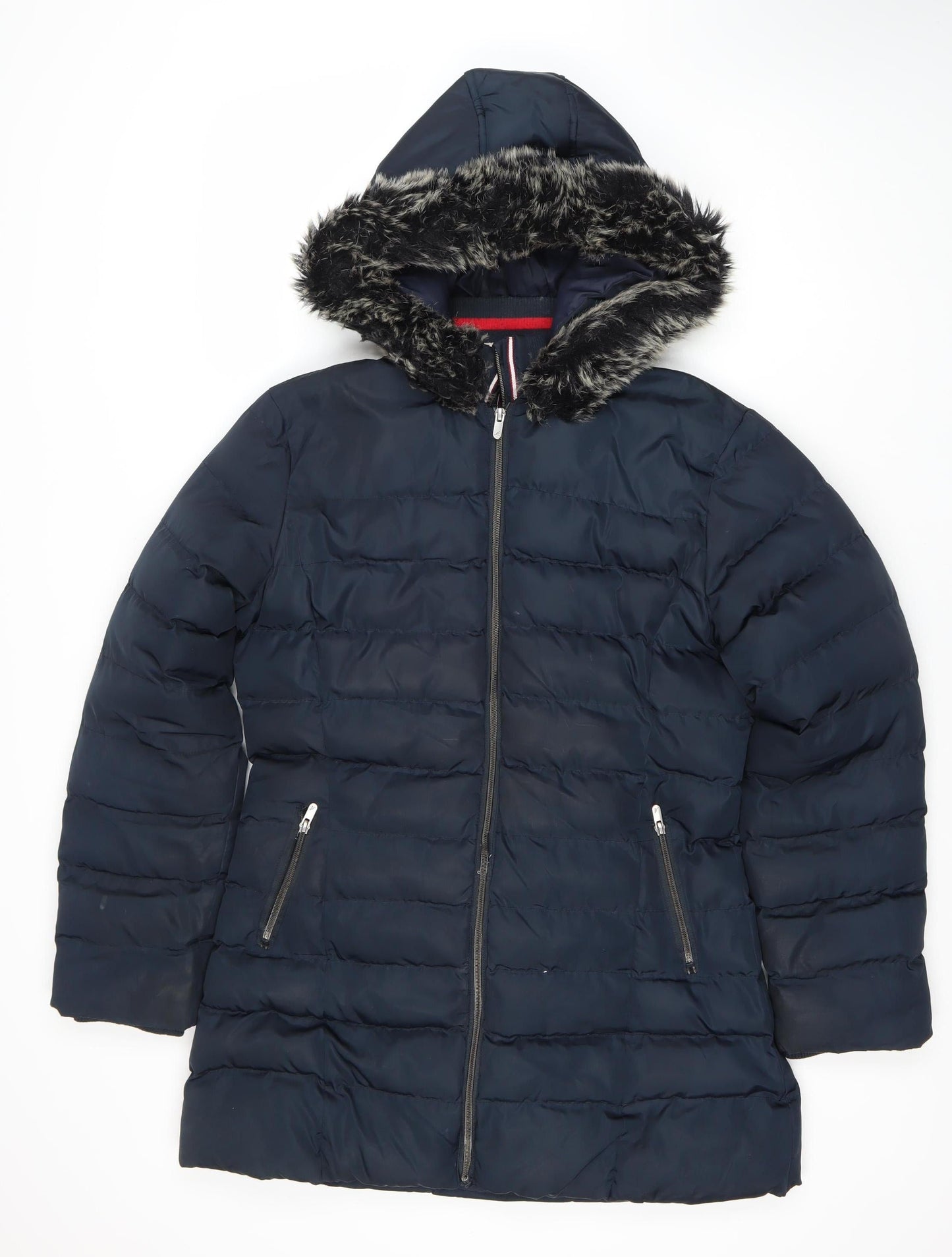 Kangol Women's Blue Puffer Jacket Size 14 Hooded Fur Trim
