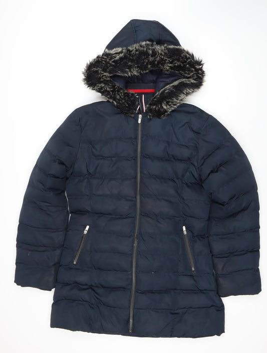 Kangol Women's Blue Puffer Jacket Size 14 Hooded Fur Trim