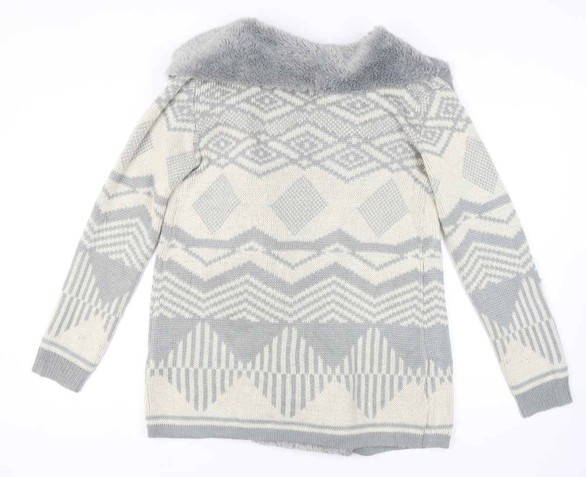 Oasis Women's Grey Open Front Cardigan in Size M, Geometric Knit