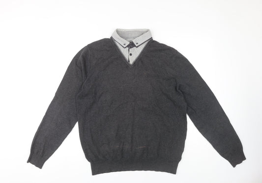 Marks and Spencer Men's Grey V-Neck Pullover - M