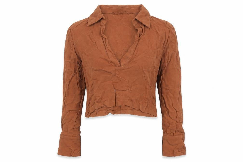 Zara Women's Cropped Brown Long Sleeve Collared Top