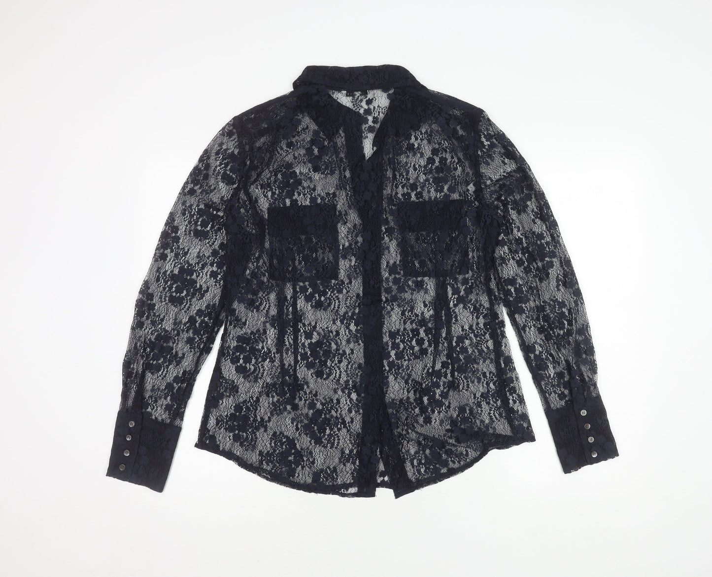 Kew 159 Women's Lace Blouse Navy 14 Collared Long Sleeve