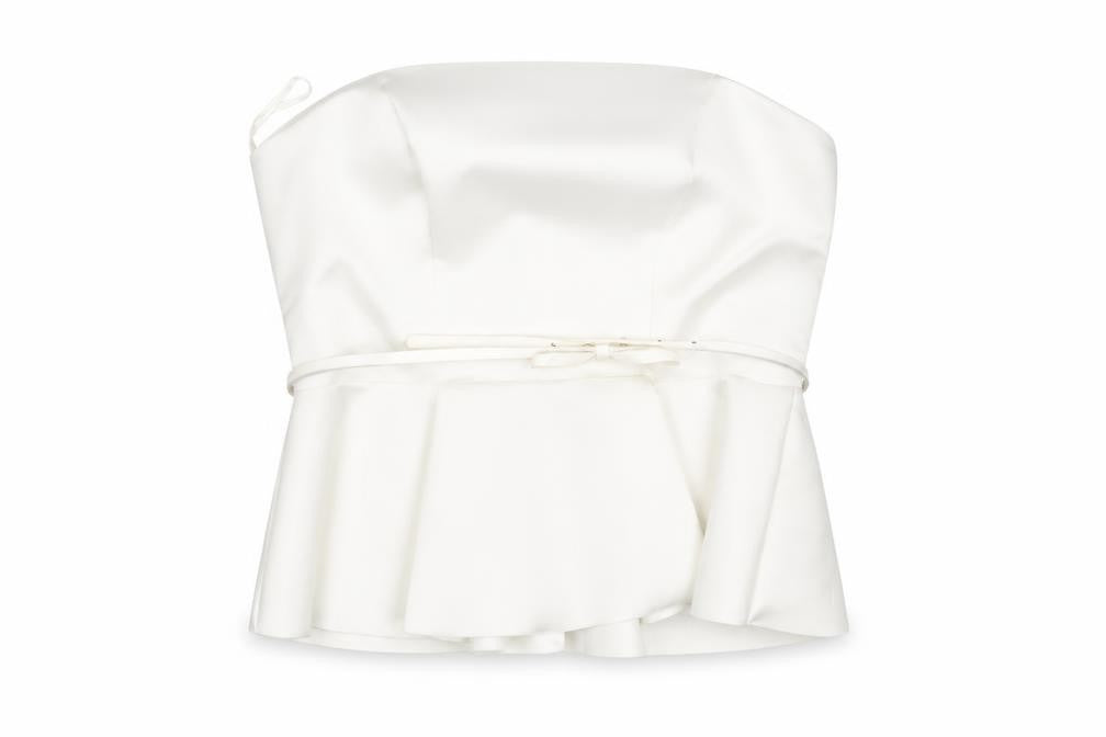 Front view of Lipsy Women's White Strapless Satin Top, size 14