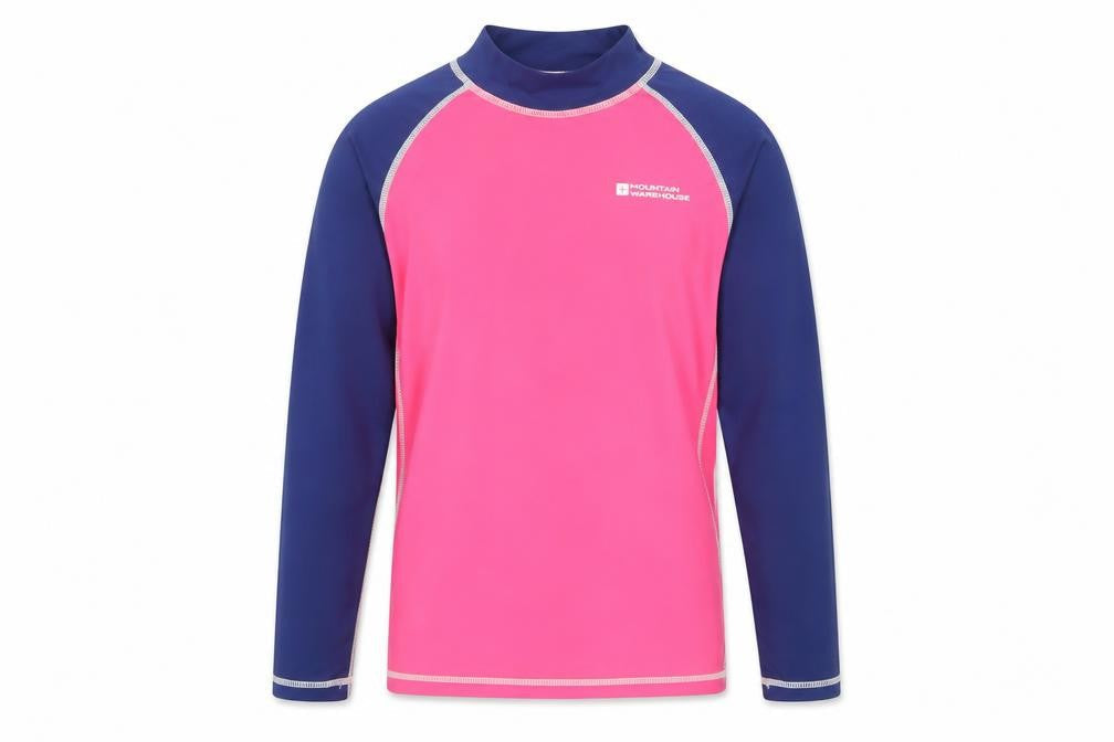 Front view of Mountain Warehouse girls’ uv protection pink and blue top 9-10y