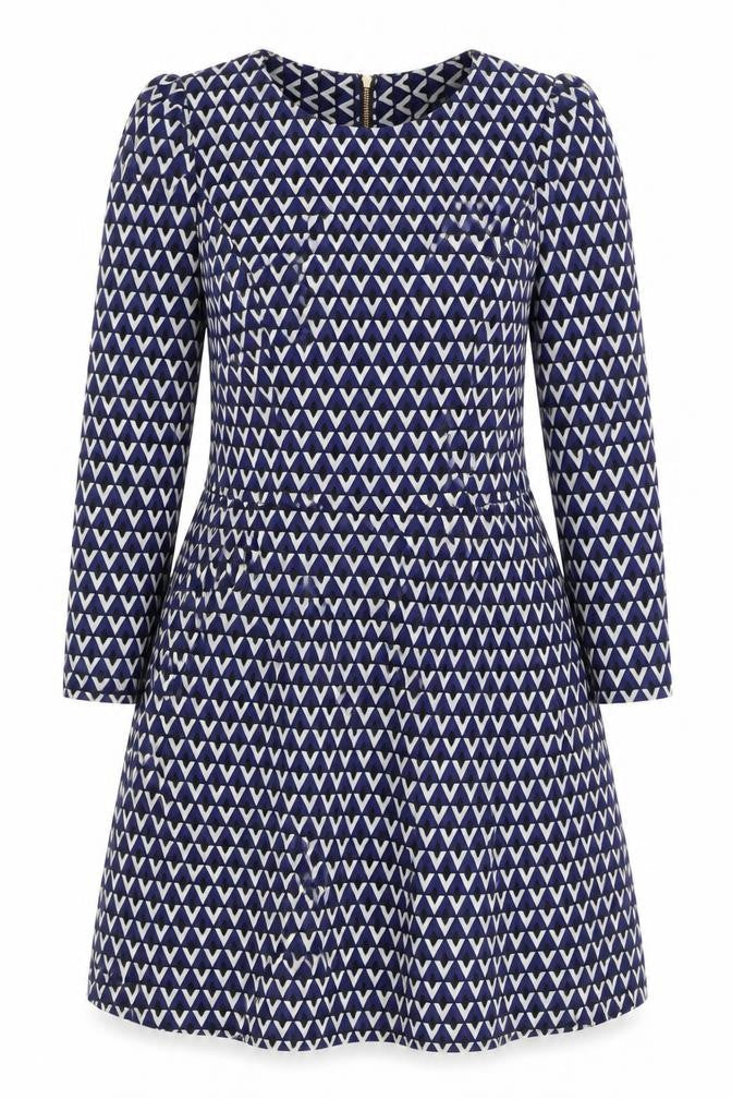 Front view of Closet London Women's Blue Geometric Dress, size 12
