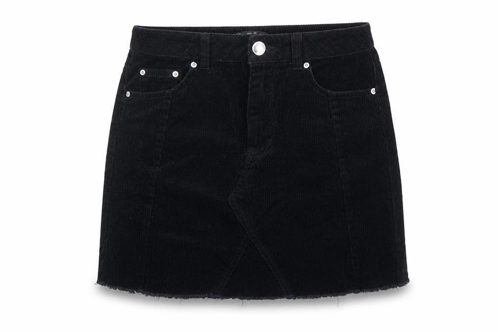 Front view of Miss Selfridge Women's Black Corduroy Skirt, size 6