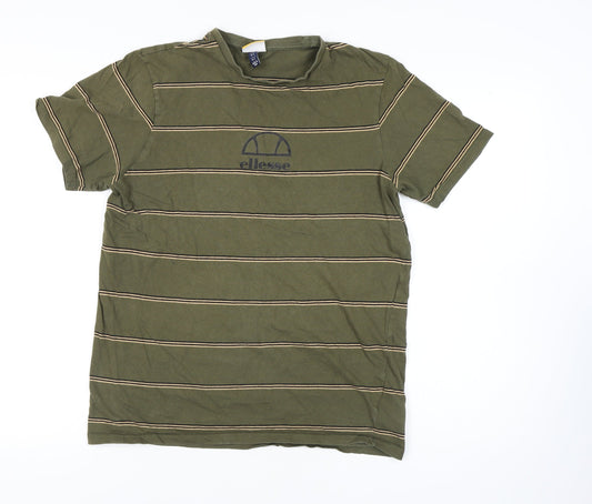 Ellesse Men's Green Striped T-Shirt, Size L, Short Sleeve