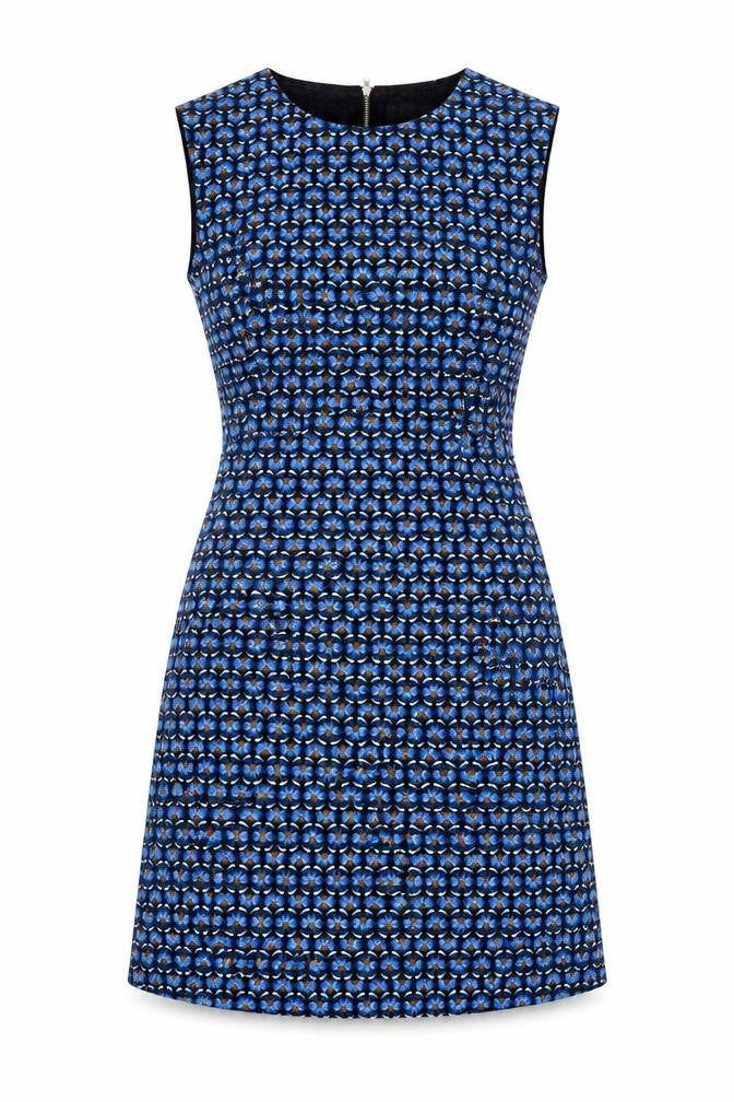 Front view of Louche Women's Blue Geometric Knee Length Dress S 10
