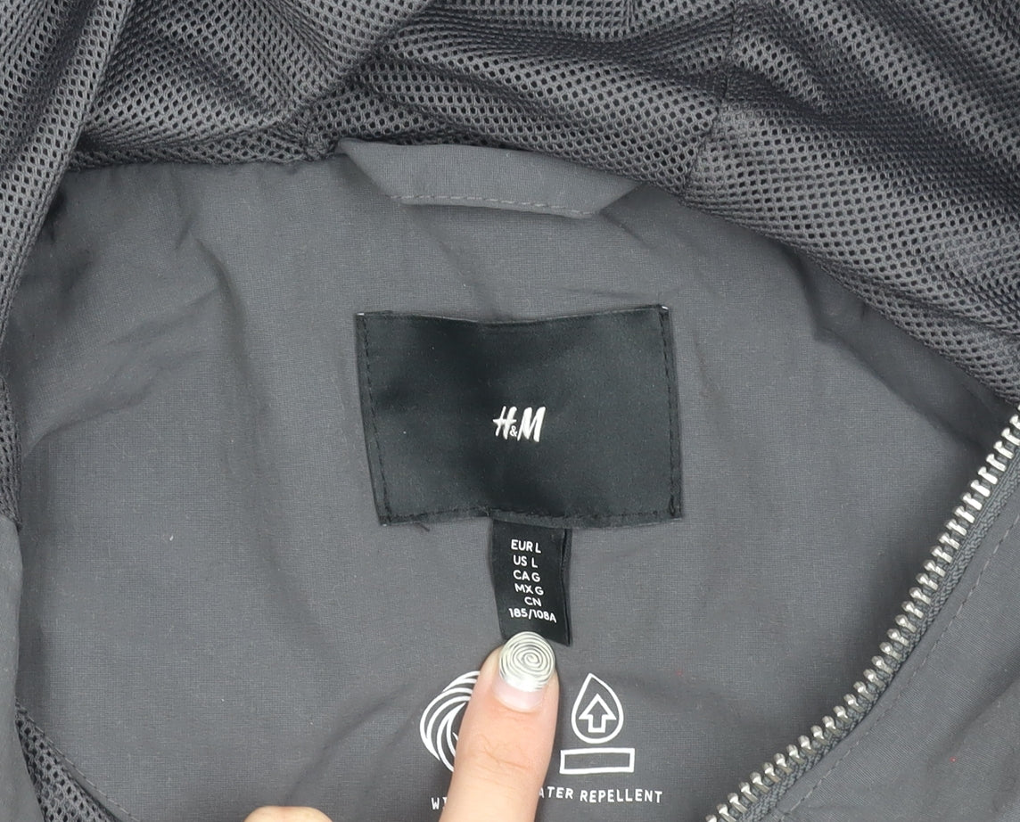 H&M Men's Black Windbreaker Jacket L - Hooded Zip Casual