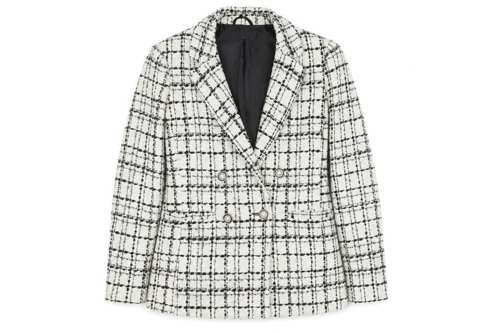 Front view of Miss Selfridge Women's White Checked Blazer, size 10, Bouclé