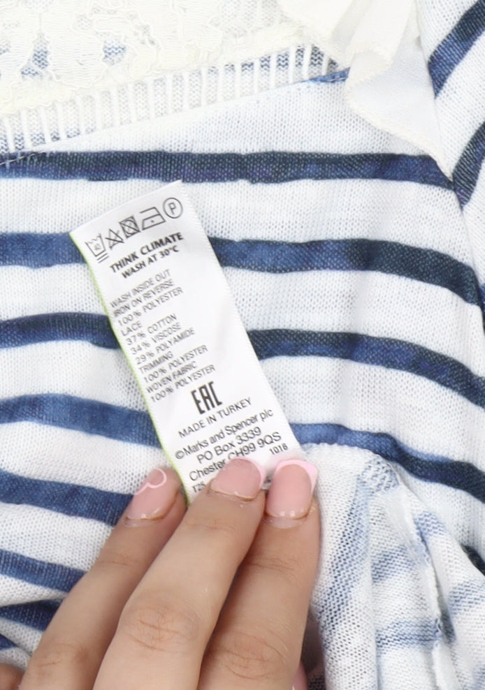 Marks and Spencer Women's Blue Striped 3/4 Sleeve T-Shirt